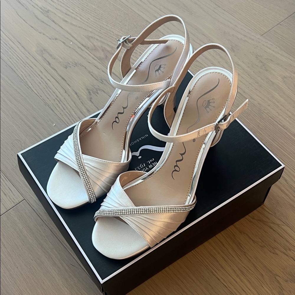 Nina Silver Satin Open-Toe Slingback Heels with Rhinestone Trim